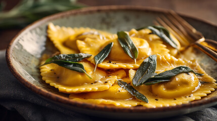 Pumpkin ravioli pasta served on rustic plate with sage butter sauce

