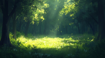 Fototapeta premium Enchanting forest with light beams and greenery high resolution picture
