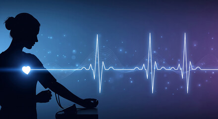 Silhouette of a woman getting a blood pressure check with an illuminated heart symbol and a vibrant glowing ekg graph