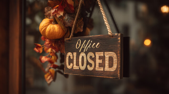 Office closed sign for Thanksgiving holiday with autumn decorations, concept of seasonal workplace closure
