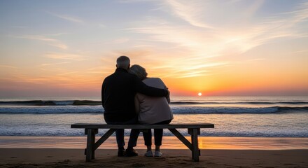World Mental Health Day of a romantic elderly couple embracing on a beach bench, watching a serene sunset over the ocean.