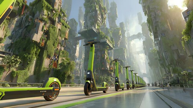 Futuristic Green Cityscape with Electric Scooters: Sustainable Urban Mobility and Eco-Friendly Transportation in a Vertical Forest