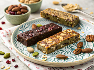 Healthy Trio of Nut and Seed Energy Bars on Decorative Plate