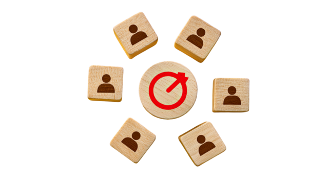 A circular arrangement of light brown wooden blocks, each with a stylized user icon.  A central red circular arrow graphic sits within the arrangement