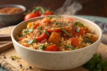 A steaming bowl of rice with tomatoes and herbs, garnished with breadcrumbs, served on a wooden board.