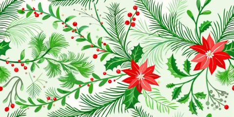 Fototapeten Tropische Blätter Festive christmas floral pattern with poinsettias holly berries and pine branches on a light green background  © RanjanKumar