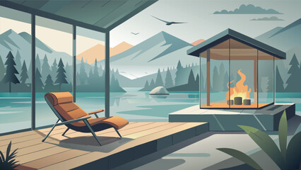 Relaxing lakeside cabin getaway with modern fireplace and stunning mountain views, perfect vacation rental retreat for peaceful relaxation and tranquil escape