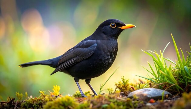 Close-up of a blackbird perched on mossy ground, showcasing its vibrant yellow beak and detailed plumage against a soft, out-of-focus natural backdrop.