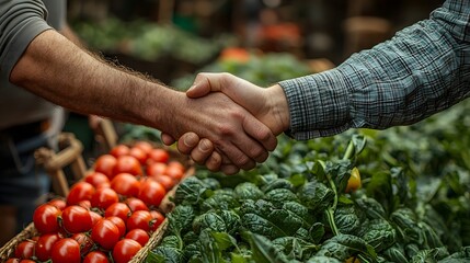 A handshake over fresh produce at a market symbolizing agricultural business partnership and trust