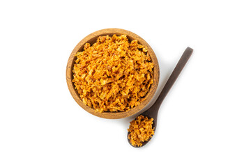 Crispy fried onion isolated on white background. Roasted Onions. Seasoning for dishes. Spices. Salad dressing. Space for text. Copy space