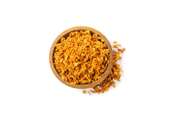 Crispy fried onion isolated on white background. Roasted Onions. Seasoning for dishes. Spices. Salad dressing. Space for text. Copy space