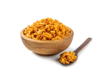 Crispy fried onion isolated on white background. Roasted Onions. Seasoning for dishes. Spices. Salad dressing. Space for text. Copy space