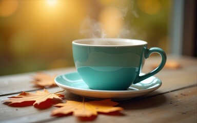 Obraz premium Teal Mug on Wooden Table with Autumn Leaves. High quality