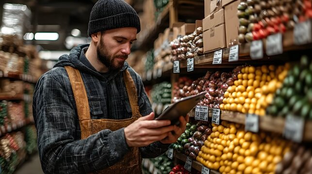 A focused worker uses a digital tablet to manage the inventory of fresh agricultural produce on warehouse shelves - Powered by Adobe