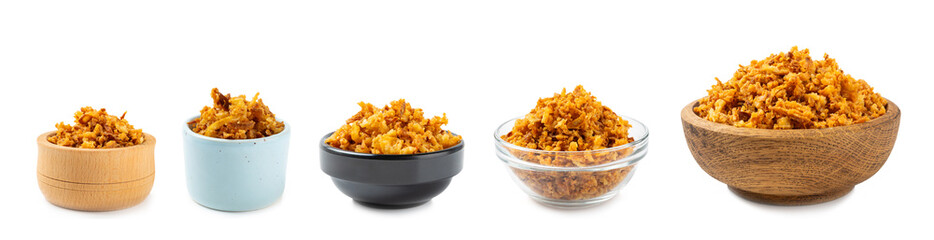Crispy fried onion isolated on white background. Roasted Onions. Seasoning for dishes. Spices. Salad dressing. Space for text. Copy space