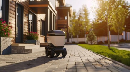 Mobile robot delivering food against the background of the street. The topic of food delivery services.