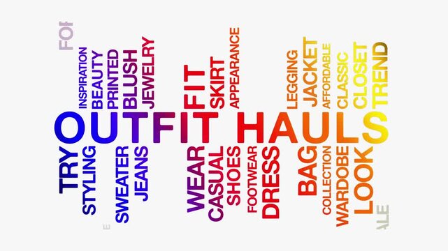 Outfit Hauls concept Animated Tag Word Cloud kinetic typography, Text Design Animation typography seamless loop video motion graphics Intro, Word Art Looping Text effects blue pink yellow gradient typ