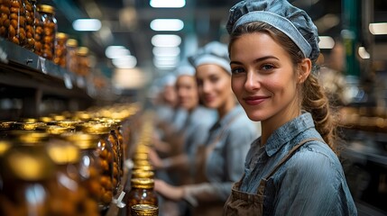 Smiling female worker in a food production facility with rows of preserved jars