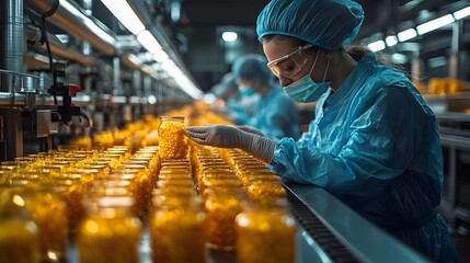 A worker in protective gear inspects jars of yellow corn on a production line in a food manufacturing facility