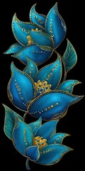 Obraz premium Ornate, stylized floral design featuring deep teal blossoms with gold accents, set against a striking black backdrop.