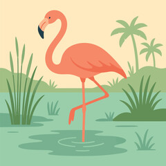 A vibrant illustration of a flamingo standing gracefully in a serene wetland environment with lush greenery.