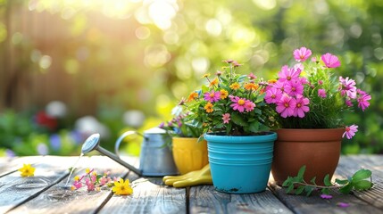 Colorful flowers in pots on a wooden table