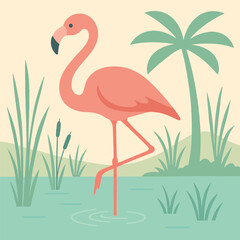 Pink flamingo standing in a tropical wetland.