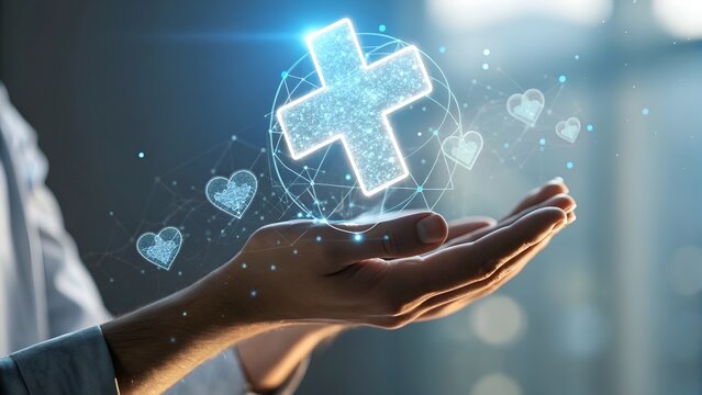 Close Up of Hand Holding 3D Hologram Medical Cross with DNA and Heartbeat Icons for Digital Healthcare Innovation