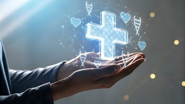 Close Up of Hand Holding 3D Hologram Medical Cross with DNA and Heartbeat Icons for Digital Healthcare Innovation - Powered by Adobe