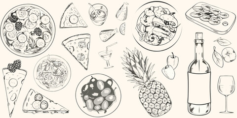 Hand drawn sketch of a delicious assortment of food and drinks including pizza salad pineapple wine and olives
