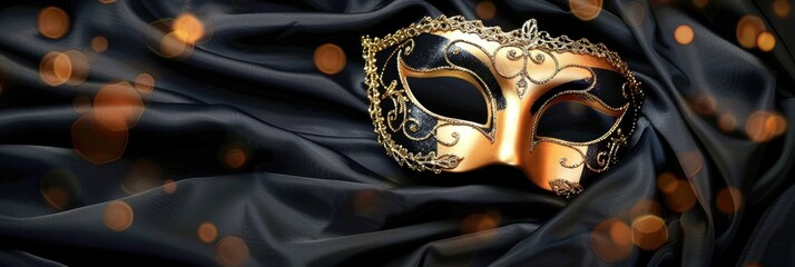 Golden venetian mask on black fabric