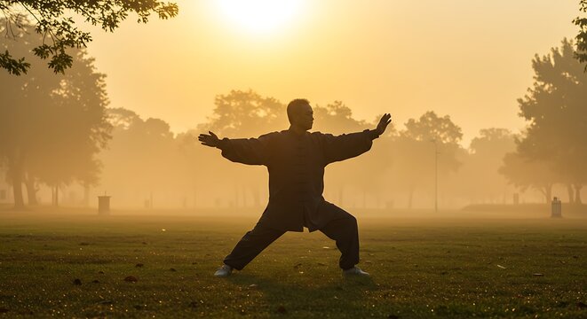 Silhouette Man Practicing Martial Arts in Park During Sunset - Powered by Adobe