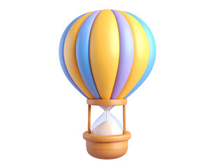 Colorful 3D rendered hot air balloon with an hourglass in its basket, symbolizing time, journey, and adventure.