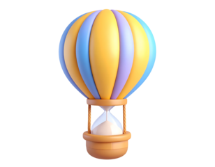 Colorful 3D rendered hot air balloon with an hourglass in its basket, symbolizing time, journey, and adventure.