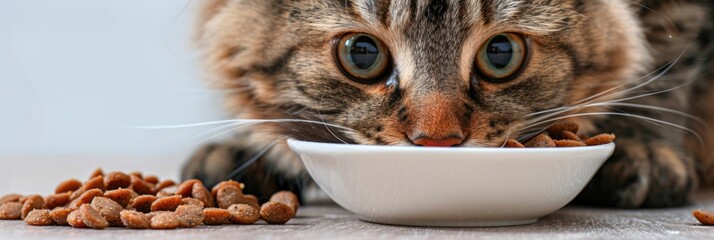 Tabby cat eating from white bowl