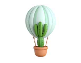Whimsical 3D render of a green potted cactus in a striped light green hot air balloon, isolated on a black background, representing unique travel.