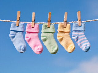 Baby socks hanging on a clothesline