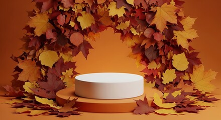 Autumn leaf archway with white podium for product display