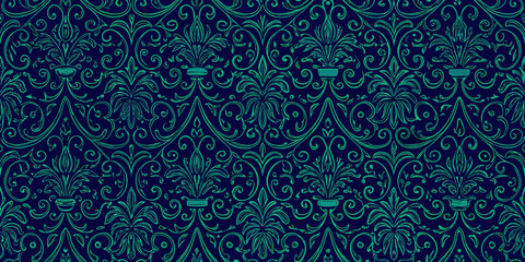 Elegant dark blue background with repeating teal floral damask pattern and ornate swirling vines