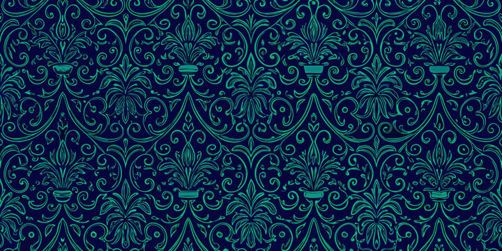 Elegant dark blue background with repeating teal floral damask pattern and ornate swirling vines