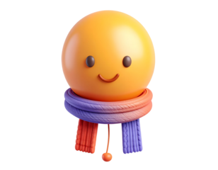 Cute 3D Orange Smiley Face Character with Warm Multicolored Knitted Scarf for Winter