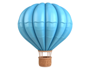 Blue Hot Air Balloon with Wicker Basket Isolated on Black Background