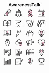 Vector line icon set for breast cancer awareness campaigns, symbolizing support, charity, and community health education