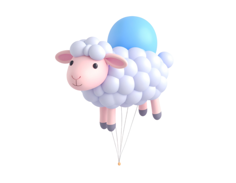 Whimsical 3D Cartoon Sheep Floating with Light Blue Balloon and Strings, Isolated on Black Background
