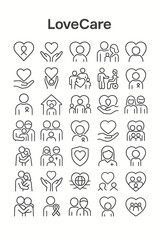 A comprehensive line icon set illustrating concepts of love, community support, family care, charity, health awareness, and social responsibility