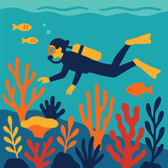 A diver explores a vibrant coral reef teeming with colorful fish and aquatic plants. © Gilang