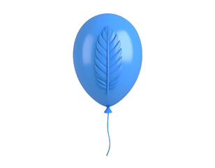Blue 3D rendered balloon with a feather graphic isolated on black background