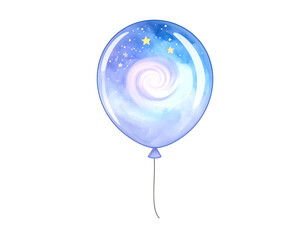 Whimsical Blue Watercolor Balloon with Glowing Galaxy and Stars Inside. Magical Cosmic Illustration on Black Background.