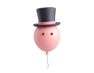 Cute 3D Pink Balloon Character Wearing a Black Top Hat with a Pink Ribbon on Black Background