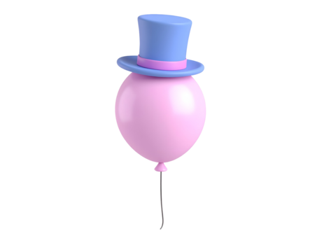 Pink Balloon with Blue Top Hat 3D Render, Whimsical Party Celebration Object Isolated on Black
